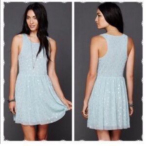 Free People light blue sleeveless dress sliver polka dots lace over tool Small